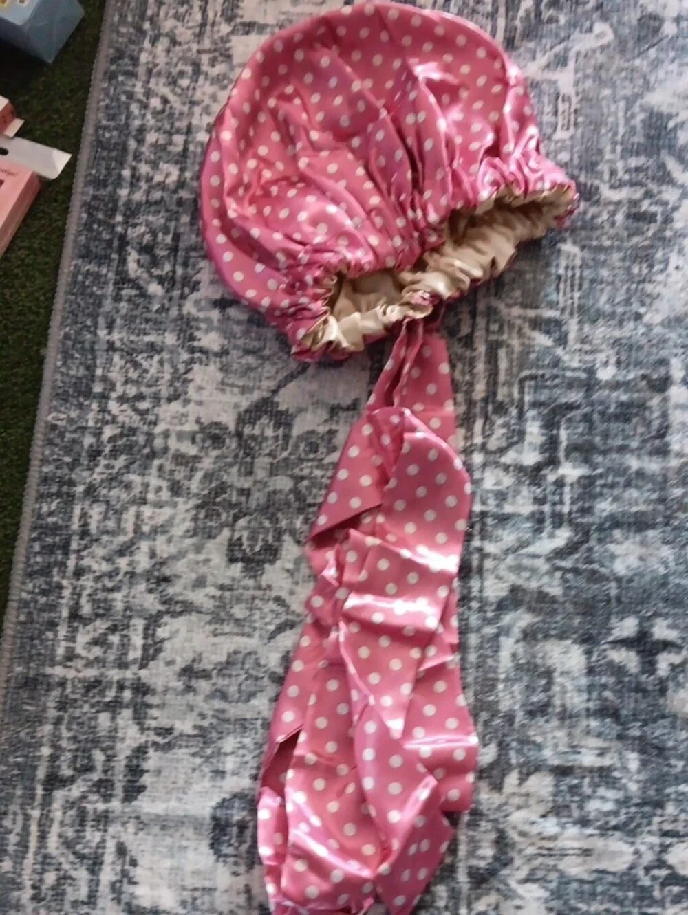 Polka Dot  Pink And Grey Hair Bonnets. One Size . 2pk.